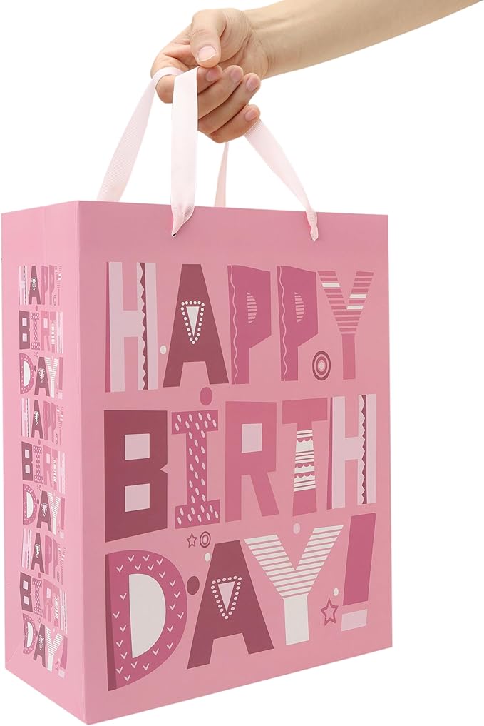 wishinside 13'' Large Happy Birthday Gift Bag Set with Handles, Greeting Card, Pink Tissue Papers and Stickers for Women Girls Kids Teens, Cartoon Design, 1 Pcs