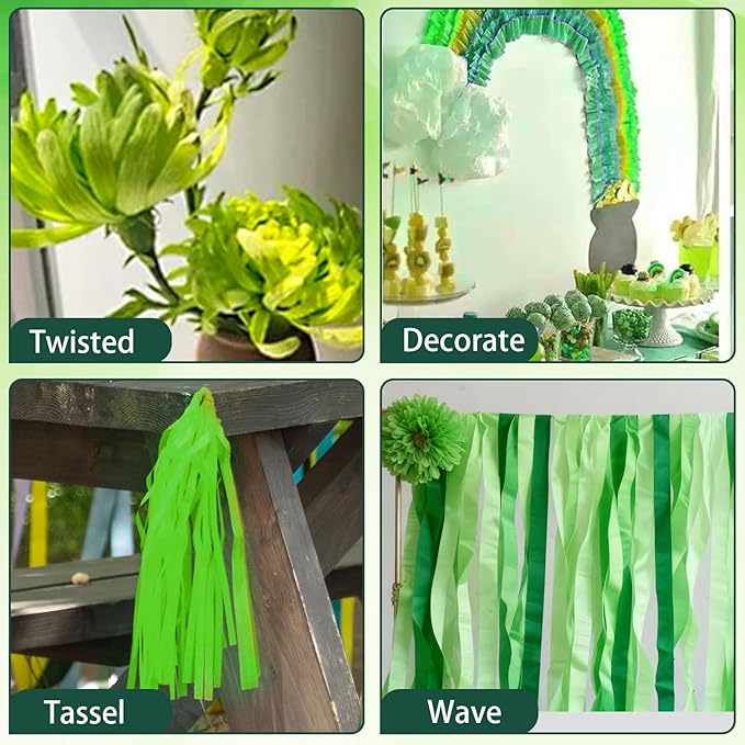 Green Crepe Paper Streamers 9 Rolls 738ft, Green Streamers Party Decorations for Party Wedding Mother's Day Birthday Baby Shower Decor, 1.77 Inch x 82 Ft/Roll