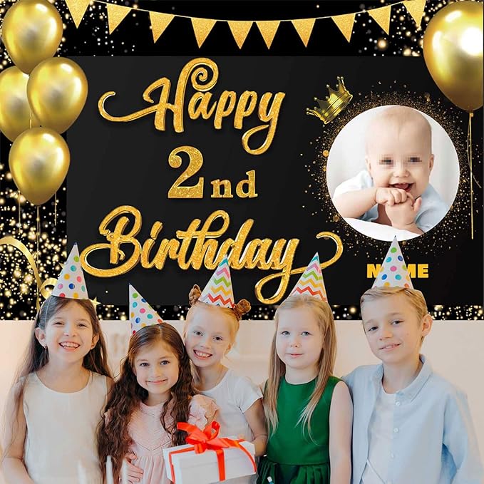 Custom Happy 2nd Birthday Decorations Banner -2 Years Old Backdrop forwomenmen Boys Girls - Personalization Party Supplies Black and Gold, 4x6ft/5x7.5ft/6x9ft/7x10.5ft/8x12ft