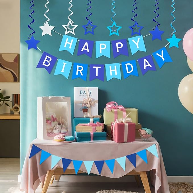 Blue Birthday Party Decorations, Happy Birthday Banner Triangle Flag Bunting Banner Garland 8PCS Glitter Star Hanging Swirls Streamers Birthdays Banner Sign Boys Girls Women Men Blue Party Supplies