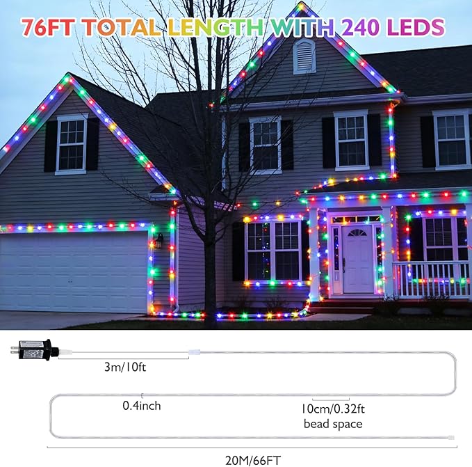 66ft LED Rope Lights Outdoor, 240 LED Connectable and Flexible Tube Lights with 8 Modes, Waterproof LED Rope Lighting for Garden, Patio, Pool, Bedroom, Party, Indoor Outdoor Decoration (Multicolor)