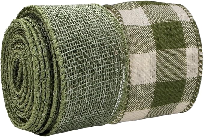 Meseey 1.5 Inch Green Burlap Wired Ribbon Set, 2 Rolls Total 10 Yards Solid Sage Green & Green White Buffalo Check Wired Edge Ribbons for Gift Wrapping, Wreaths, Crafts, Farmhouse Home Decorations