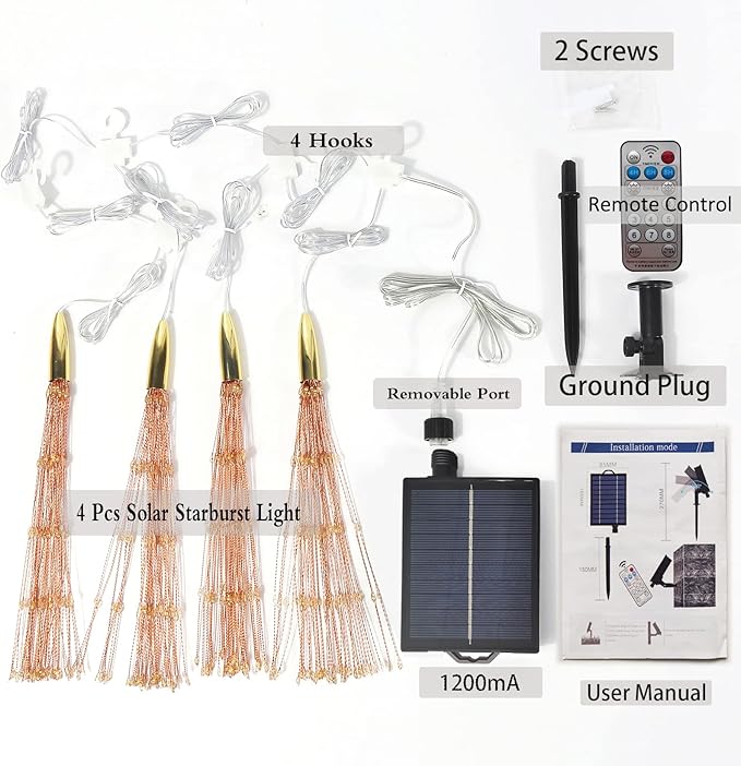 4 Pcs 800LED Solar Starburst Sphere Lights,Firework Light Remote Control Timer 8 Modes Dimmable Waterproof Hanging Fairy Lights, Sparkly Light for Patio Garden Tent Outdoor(Warm White)