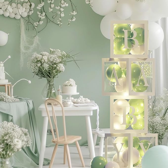 Baby Shower Balloon Boxes 4pcs Clear Baby Blocks With Letters 4 Pack Led Fairy String Lights And 36pcs Sage Green & Gold Balloons For Baby Shower Decorations,Birthday or gender reveal Parties