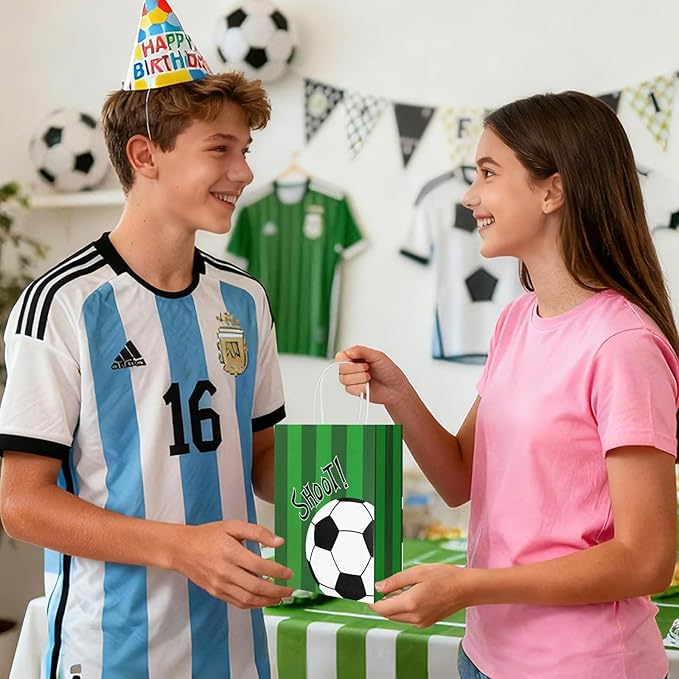 Ethanberg 20Pcs Soccer Party Favor Bags with Handles, Soccer Themed Kraft Paper Gift Bags Candy Bag, Shoot Theme Goodie Bag for Sport Team Ball Events Theme Birthday Party Supplies