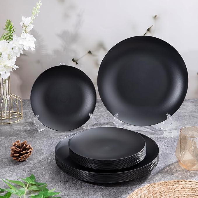 EI enjonirinjonir 80pcs Black Dessert Plates 7.5inch,Disposable Matte Plastic Plate Frosted Small Black Dessert/Cake/Appetizer Plastic Plates Disposable Heavy Duty for Party or Wedding Serve 80 Guest