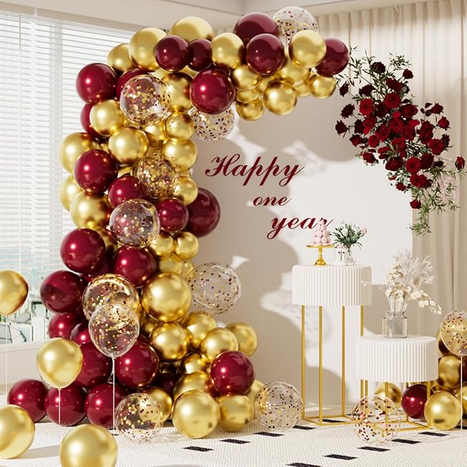 Metallic Burgundy and Gold Balloons 12 Inch 67PCS Gold Maroon Shiny Confetti Balloons Latex Helium Balloon Set for Graduation Wedding Birthday Party Decorations