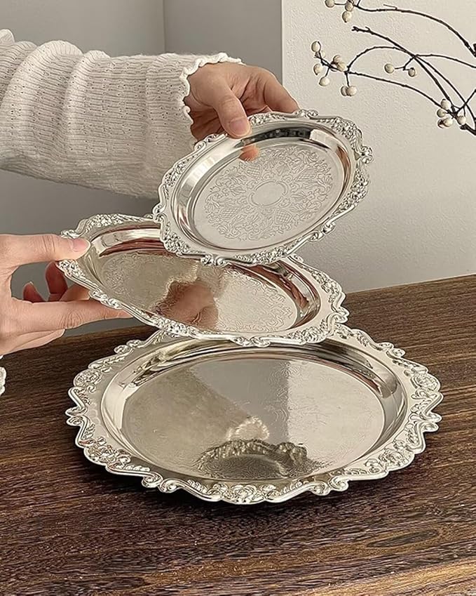 Silver Decorative Tray Set of 2, 10'' Round Vintage Metal Serving Tray, Medium Ornate Coffee Table Centerpiece, Vanity Tray for Perfume, Jewelry, Party Decor