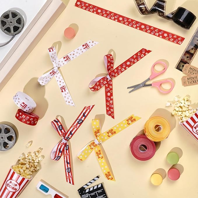 4 Rolls Popcorn Grosgrain Ribbons, 5/8" x 20 Yard Popcorn Printed Ribbon Movie Theater Decor Ribbon Red Yellow Cinema Theme Craft Ribbons for Party Favor Snack Treat Bags Gift Packaging