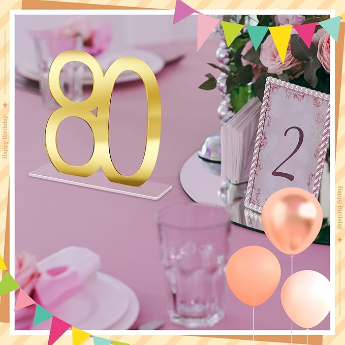 Threehoney 6 Pcs Mirror Gold 80th Birthday Decorations for Men and Women Acrylic Anniversary Decorations Table Numbers Centerpieces for Birthday Party