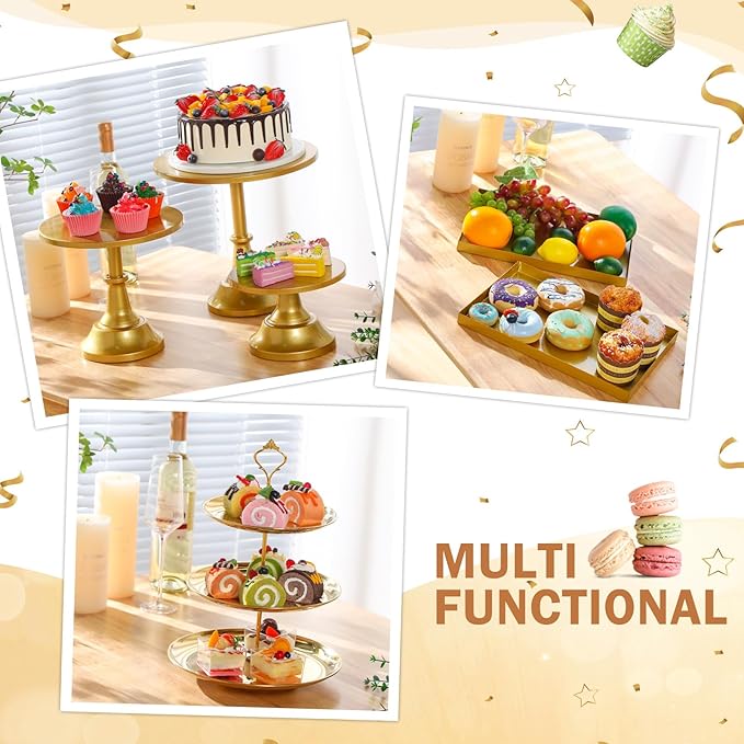 Tioncy 7 Pcs Cake Stand Set Metal Cupcake Holder Dessert Table Display Cupcake Display Plate Serving Platter Dessert Table Stands and Trays Set for Baby Shower Wedding Birthday Xmas Party (Gold)