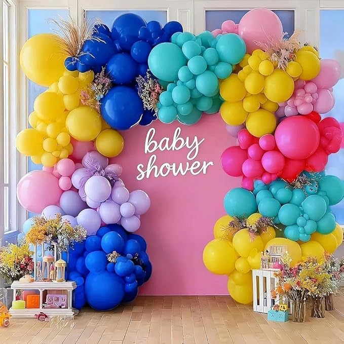 Hot Pink Blue Yellow Balloon Garland, Double Stuffed Royal Blue Teal Lavender Balloons Pastel Balloon Arch Kit for Tropical Hawaii Kid Magic Baby Shower Birthday Engagement Party Decorations