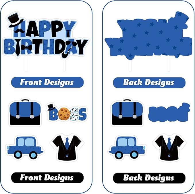 Boss Theme Cake Topper Blue Black Happy Birthday Boss Cake Toppers Boss Boy Baby Cupcake Toppers Boss Day Cake Decorations for Boys Baby Shower Gender Reveal Party 1st 2nd 3rd Birthday Party Supplies