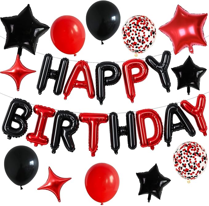 Happy Birthday Balloon Banner Red and Black, 16 Inch Mylar Foil Letter Balloons, Reusable Birthday Decorations with Black Red Balloons, Inflatable Party Supplies for Men Women Boys Girls Decoration