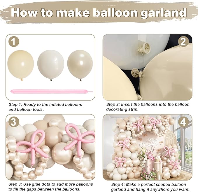 HILAVO Pearl White Balloon Garland Arch Kit 132 Pcs Bow Coquette Sand White Ivory Party Balloons with Pastel Pink Long Latex Balloon for Girls Princess Wedding Baby Shower Bridal Birthday Party Decor