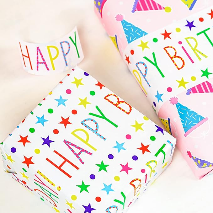 MAYPLUSS Birthday Gift Wrapping Paper Roll - 17Inch X 32.8Feet - Reversible Luxury Pink Girly Birthday Party Hat, Happy Lettering Gift Wrap for Kid Girl, Baby Shower, Party, Holiday