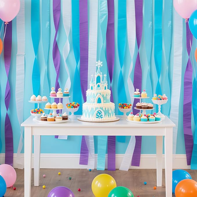 Frozen Birthday Party Decorations, 8 Rolls Purple Blue White Crepe Paper Streamers for Winter Princess Christmas Holidays Party DecorationWhite