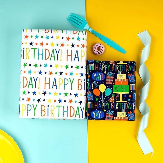 MAYPLUSS Reversible Birthday Wrapping Paper Mini Roll - 17In x 32.8Feet - Colorful Happy Birthday Lettering,Cake,Candle Pattern Kid Boys Party Gift Wrap Present Paper for Baby Shower, Holiday
