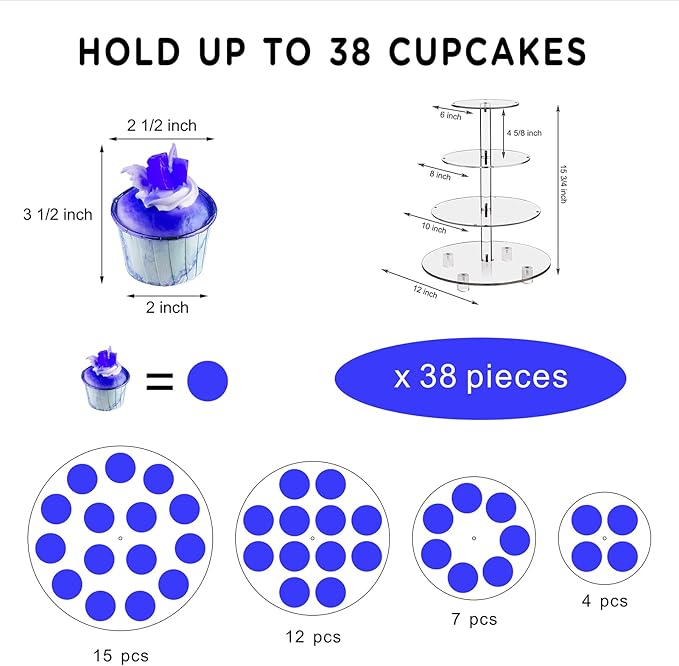 Cupcake Stand, 4-Tier Round Cupcake Holder with LED light String, Acrylic Cupcake Tower Display for Wedding, Birthday party etc.(Blue Light)