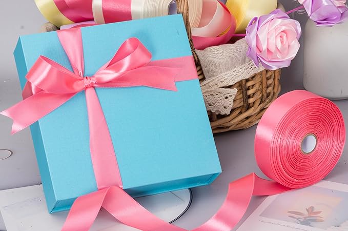 YASEO 1 Inch Brink Pink Solid Satin Ribbon, 50 Yards Craft Fabric Ribbon for Gift Wrapping Floral Bouquets Wedding Party Decoration