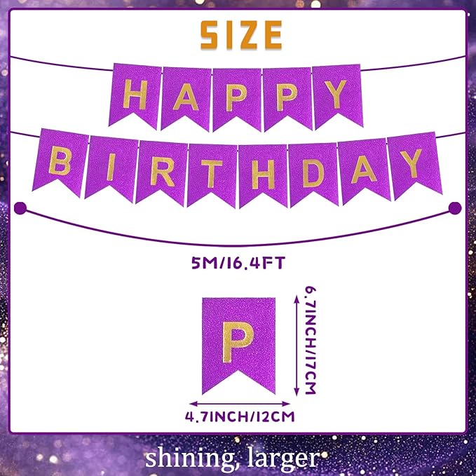 Purple Happy Birthday Banner - 16 ft Pre-Strung Gold Purple Birthday Party Decorations Sign for Girls, Boys, Kids, Women - No DIY Hanging Backdrop for Indoor & Outdoor Celebrations