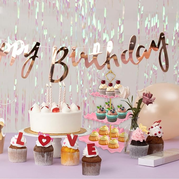 5 Pcs Dessert Table Display Set, Pink Plastic 2 Pcs Square 3 Tier Cupcake Stand Cup Cake Tower Stand with Metal Rod & 3 Pcs Serving Tray for Baby Shower, Tea Party, Wedding, Birthday Party