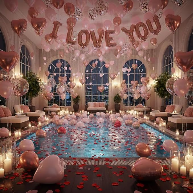 Valentines Day Balloons Garland Arch Kit, Rose Gold Pink Heart I love You Balloons Rose Petals for Galentine's Day Birthday Wedding Anniversary Engagement Valentines Party Decor Special Night