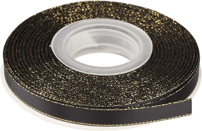 3/8" Double Face Satin Ribbon with Gold Edge 25 Yards (030-Black), Set for Gift Wrapping, Party Decor, Wedding and Craft