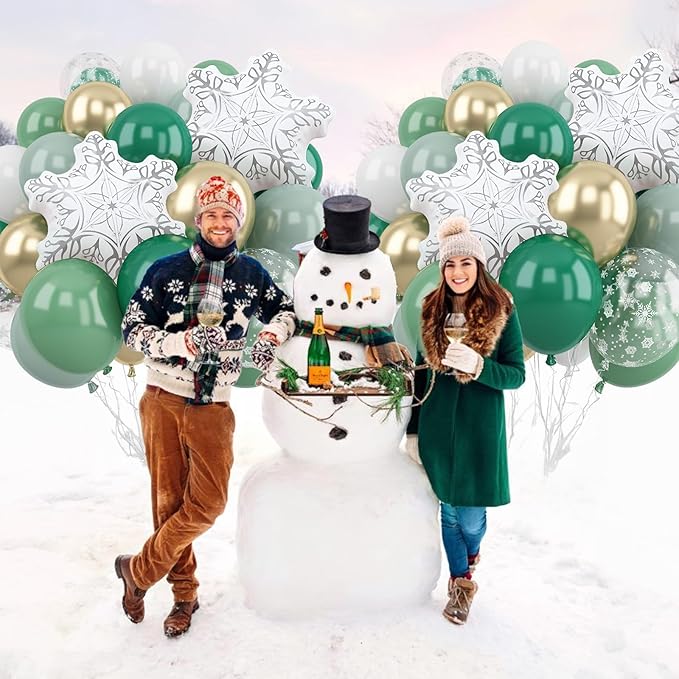 Winter Wonderland Balloon, Dark Sage Green Pastel Green White Metallic Gold Xmas Latex Balloons with Snowflake Foil Balloon for Christmas Winter Onederland Forest Birthday Baby Shower Decorations