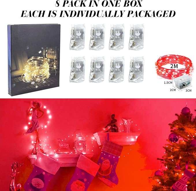 ZGWJ 8 Pack Fairy Lights Battery Operated, 7FT 20LED Mini Fairy String Lights Silver Wire 3 Modes for DIY, Parties, Wedding, Bedroom, Halloween Christmas Decoration- Red