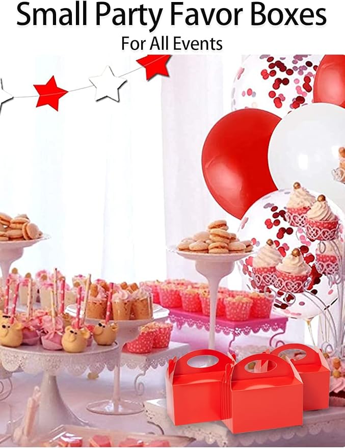 Happyhiram 25 Pcs Red Treat Boxes, 6 Inch Valentine Candy Boxes Party Favors with Handle Paper Cookie Gift Gable Boxes Snack Goodie Gift Bags for New Year Party Decorations