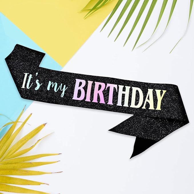 It's My Birthday Sash, Dazzle Foil Letter Glitter Black Birthday Sash for Women Men Girl Boy Kids Teenager Funny Bday Gifts Party Favors Photo Prop