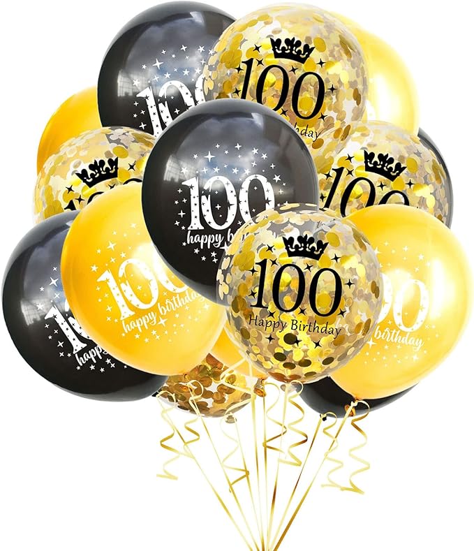 SHUNTAI 100th Birthday Balloons Latex Confetti Balloon Gold and Black 100th Birthday Decorations for Men Women 100 Years Old Anniversary Theme Birthday Party Decor Supplies 15 Pack 12 inch