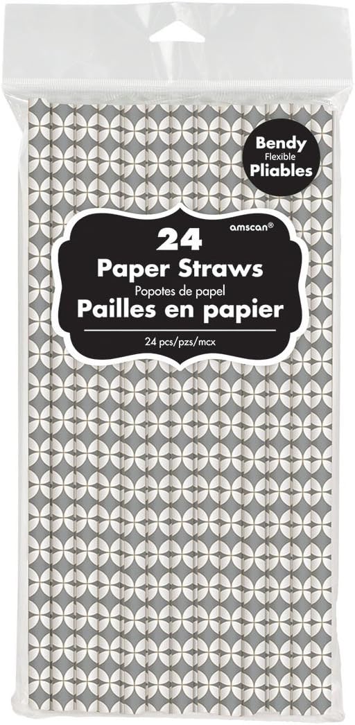 Amscan Tableware Collection, Paper Geo Diamond Straws, Party Supplies, Silver, 7 3/4" x 1/4" 24ct