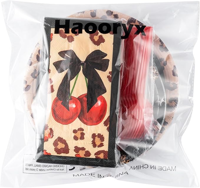 Haooryx Cheetah Cherry Tableware - 96Pcs Red Cherry Bow Leopard Print Decor Red and Black Fruit Themed Disposable Plates Napkins Forks for Girls Birthday Wedding Holiday Party Table Decoration Supply