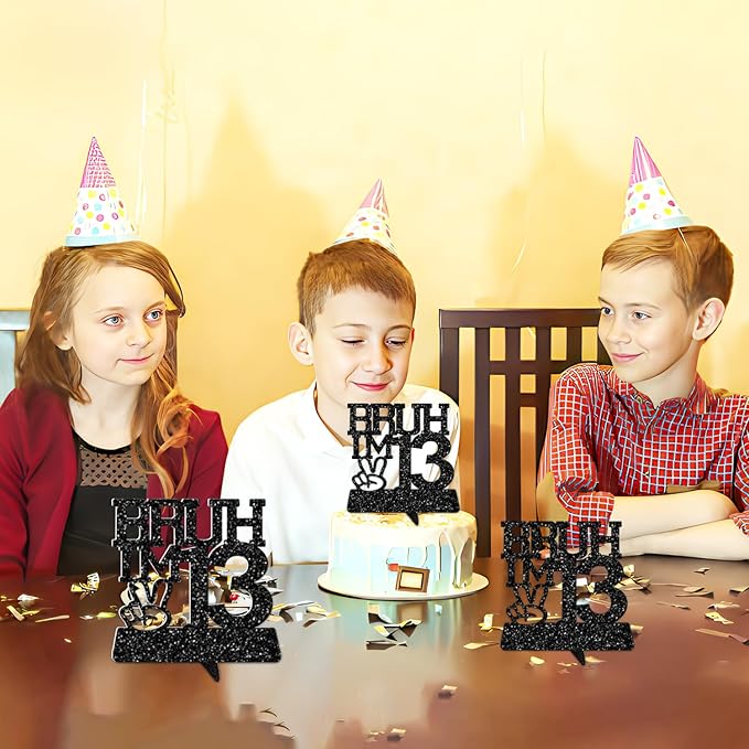 Bruh I'm 13 Black Glitter Center Pieces Decoration - Funny 13th Birthday Party Decorations for Boys, 13th Birthday Centerpiece, Teen Boy Birthday Decor, Party Supplies (Bruh I,m 13)