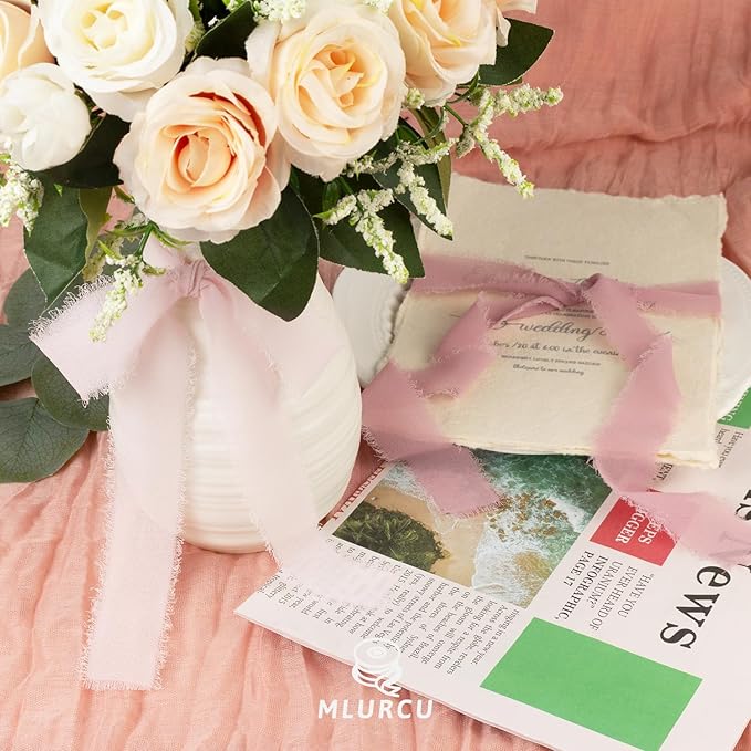 Pink Chiffon Ribbon 1 Inch x 21Yds Handmade Fringe Chiffon Silk Ribbon Dusty Rose/Blush/Pink Frayed Chiffon Ribbon for Wedding Invitation Flower Bouquets Gift Wrapping Bridal Shower Baby Shower