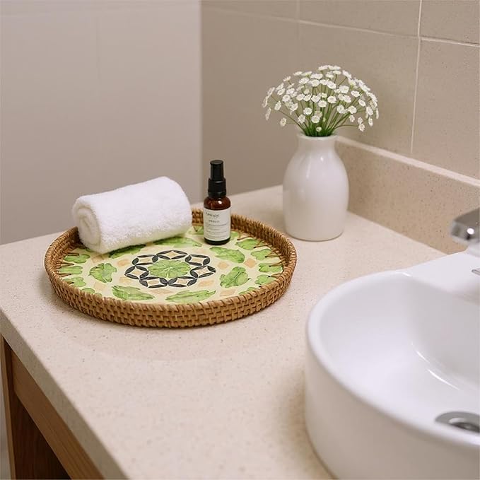 Round Rattan Tray with Mother of Pearl Inlay, Handwoven Wicker Coffee Table Serving Basket Tray for Fruit Snack Party Picnic Cafe Bedroom Kitchen Home Decor Set of 2 (Green Lucky Leaf)