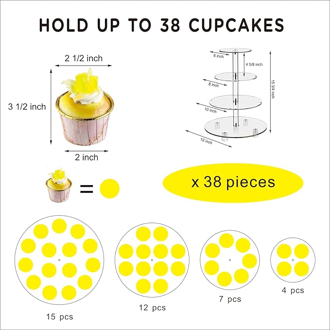 Cupcake Stand, 4-Tier Round Cupcake Holder with LED light String, Acrylic Cupcake Tower Display-Dessert Tower-Pastry Stand-Cupcake Tier Stand for Wedding, Birthday party ( Yellow Light)