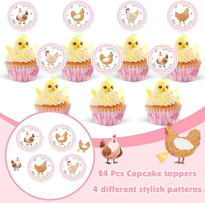 Cheereveal Chicken Birthday Party Decorations, 24pcs Chick Theme Cupcake Toppers Pink, Barnyard Farm Animal Theme Birthday Baby Shower Party Supplies for Girls