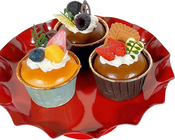3 Tier Metal Cake Stand Set, Scalloped Edge Cupcake Tray Dessert Display Platter, Decorative Serving Stand for Wedding, Birthday, Tea Party (Red)