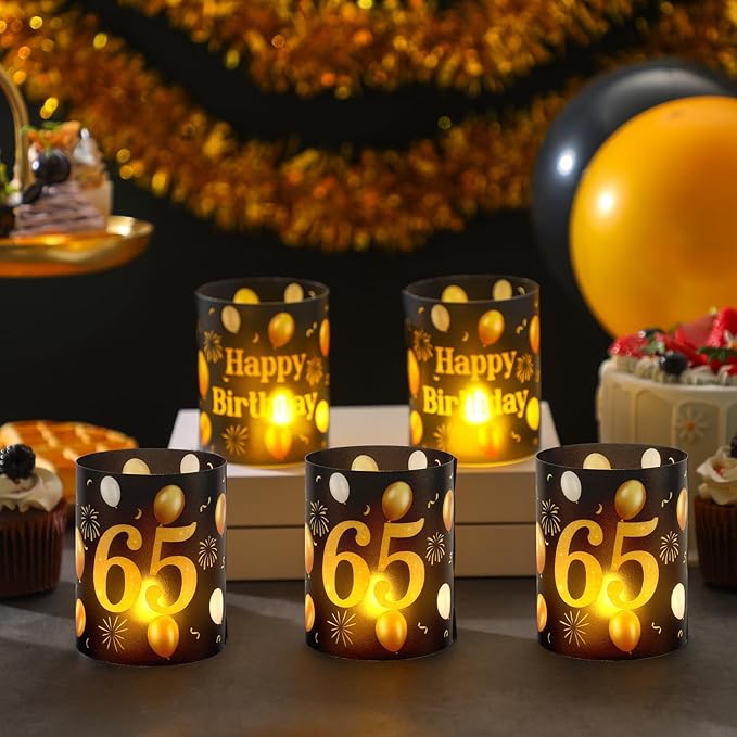 10 Sets 65th Happy Birthday Centerpieces for Table Black and Gold Birthday Decorations Lantern Boxes with Tea Lights Candles Centerpieces for Men Women 65th Party Supplies