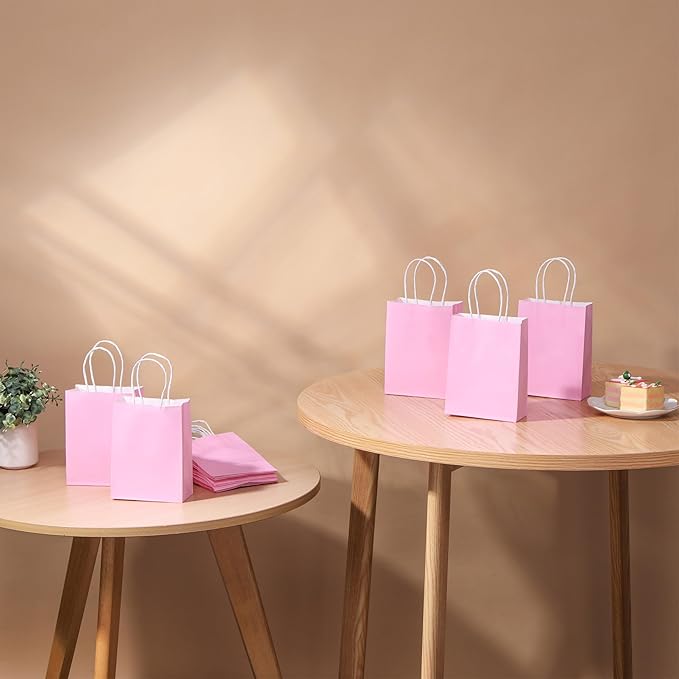 SUNCOLOR 25 Pieces 6 Inch Mini Goodie Bags Small Pink Gift Bags with Handles for Birthday Party Favors, Wedding Treat Bags