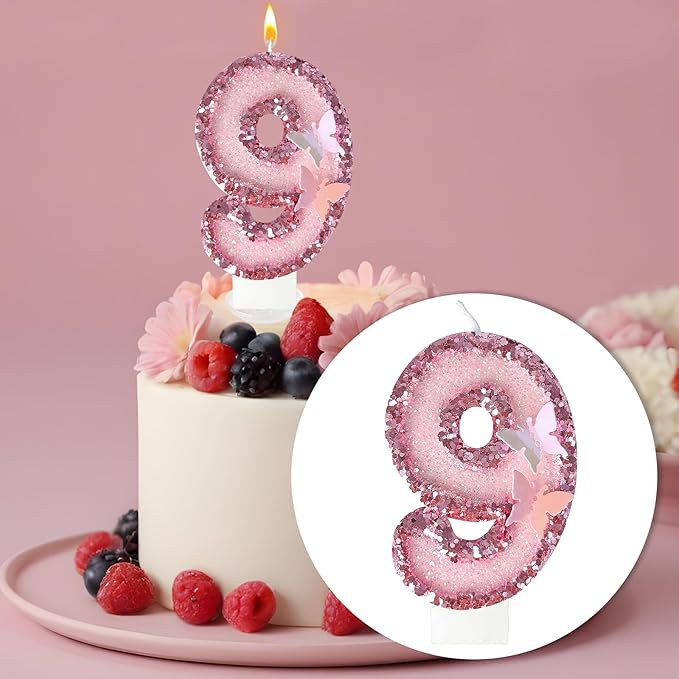 9th Birthday Candles,Glitter Butterfly Cake Toppers Pink Sequins Wedding Numeral Cupcake Decorations,Suitable for Girl and boy Wedding Cakes, Party Celebrations, Birthday Decorations