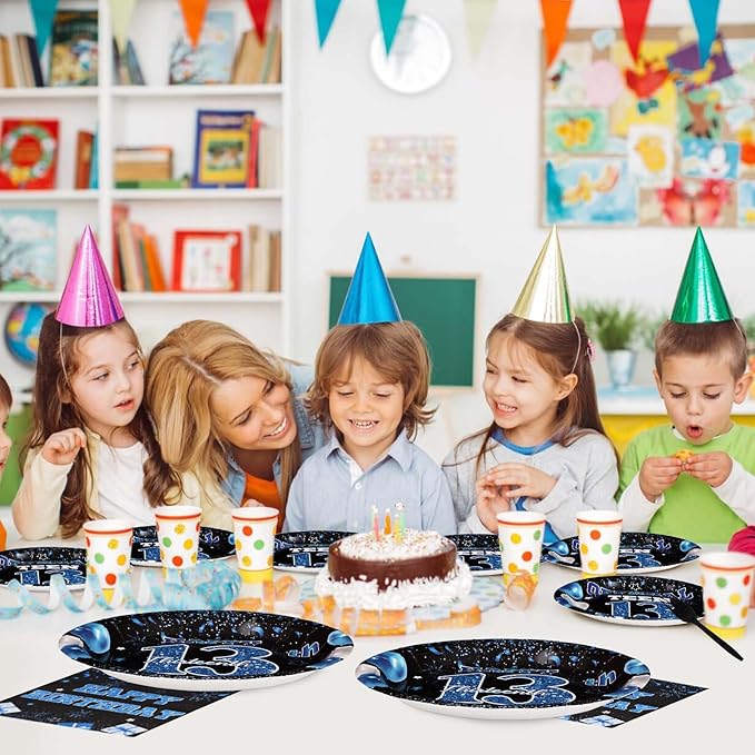 96 PCS 13th Birthday Decorations for Boys 350 GSM Official Teen 13th Birthday Plates and Napkins Disposable Blue and Black Tableware Set for Kids Teenager 13 year old Birthday Party Supplies Serves 24