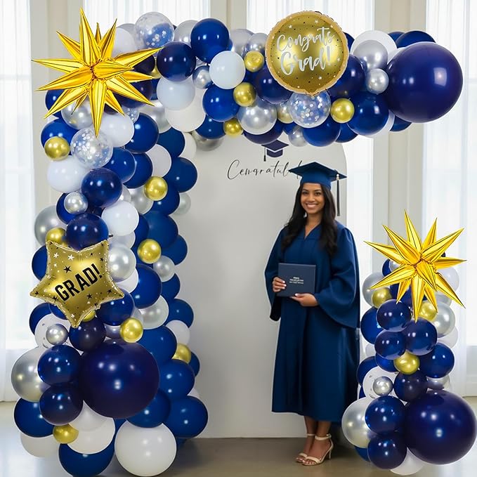 2026 Graduation Balloon Arch Garland Kit, Navy Blue Gold Silver Balloon Arch, Class of 2026 Party Decorations with 32" 2026 Banner for College High School Congrats Grad Celebration Party Supplies