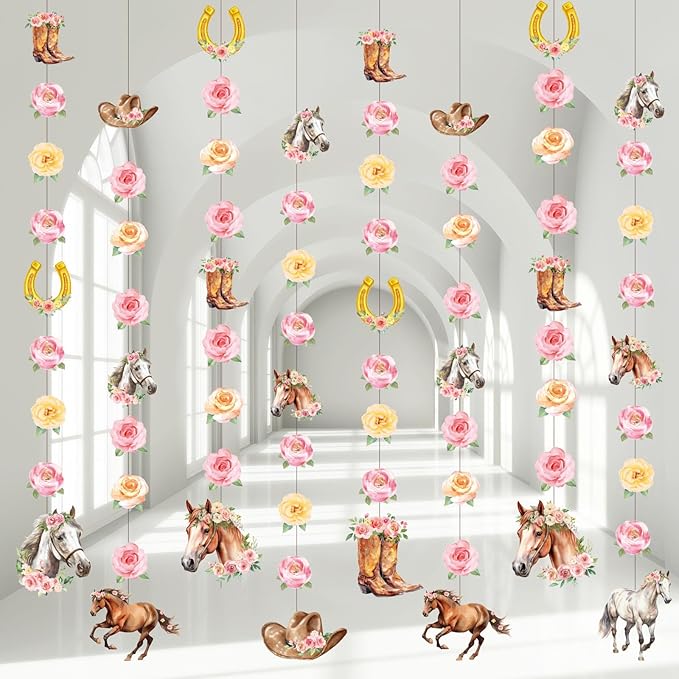 Daifunli 8 Pcs Cowgirl Party Decorations Pink Girl Horse First Birthday Hanging Garlands Watercolor Floral Rose Western Horse Paper Cutouts Streamers for Wild West Cowgirl Baby Shower Party Supplies