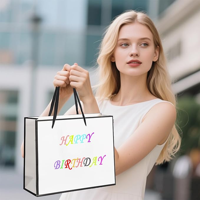 SHIPKEY 12 Pack Extra Large Gift Bags with Tissue Paper, 16x6x12 Inches White Paper Bags with Ribbon Handles, X-Large Gift Bags for Wedding, Christmas and Holidays