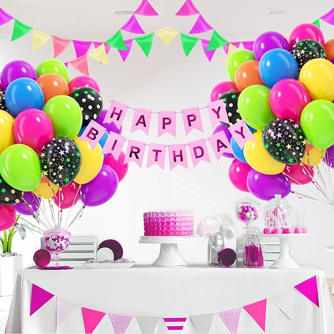 60pcs Neon Balloons 12inch, Yellow Hot Pink Lime Green Orange Blue Purple Rainbow Balloons for 80s 90s Neon Birthday Party Decorations