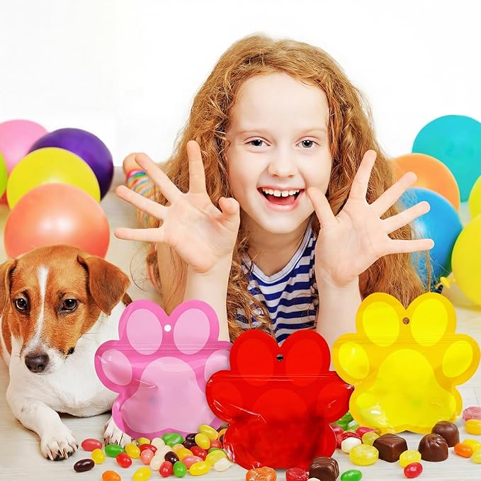 Resurhang 60 Pcs Dog Paw Zipper Treat Bags Red Pink Yellow Food Goodie Gifts Bags Resealable Puppy Themed Party Snack Candy Containers for Kids Birthday Baby Shower Pet Dog Supplies